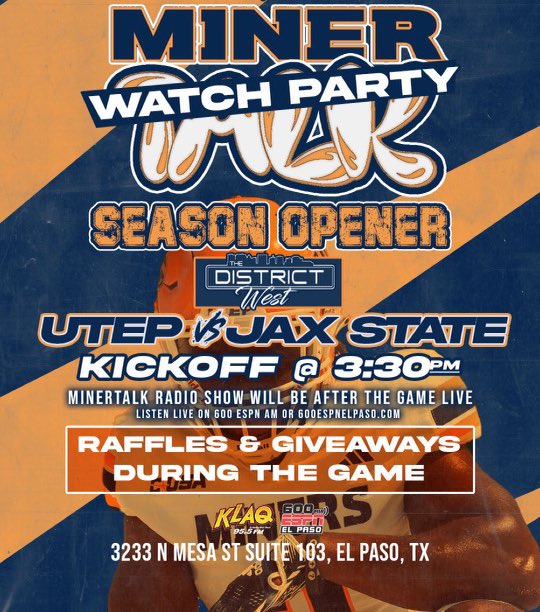 🚨Big news 🚨

For the first time, MinerTalk is hitting the road! Stop by our watch party this Saturday at The District West (3233 N. Mesa) and stay for our first #MinerTalk postgame show of the season.

Stop by, say hi and join the show in person 🏈
krod.com/experience-min…
