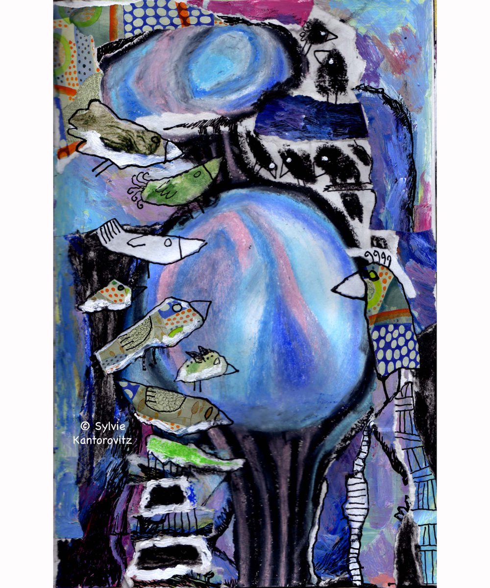 SylvieKant's tweet image. Night Bird Meeting.  For no particular reason.  
*
*
*
#FromtheDrawingTable  #Collage  #MixedMedia  #Acrylics  #TornPaper  #Upcycling  
#Birds  #Night  #Trees  #Meetings