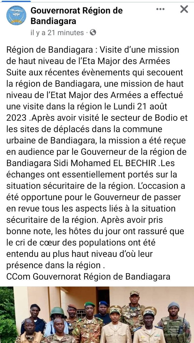 BocaryGUINDO's tweet photo. 🔴#Bandiagara : Visite le 21/08/2023 d’une mission de haut niveau de l’Etat Major des Armées
Suite aux récentes évènements qui secouent la région. La mission a rassuré que les cris de cœur des populations ont été entendus au plus haut niveau.#Gouvernorat #Bodio #Gani #Yarou #Mali https://t.co/grc21I0nxU