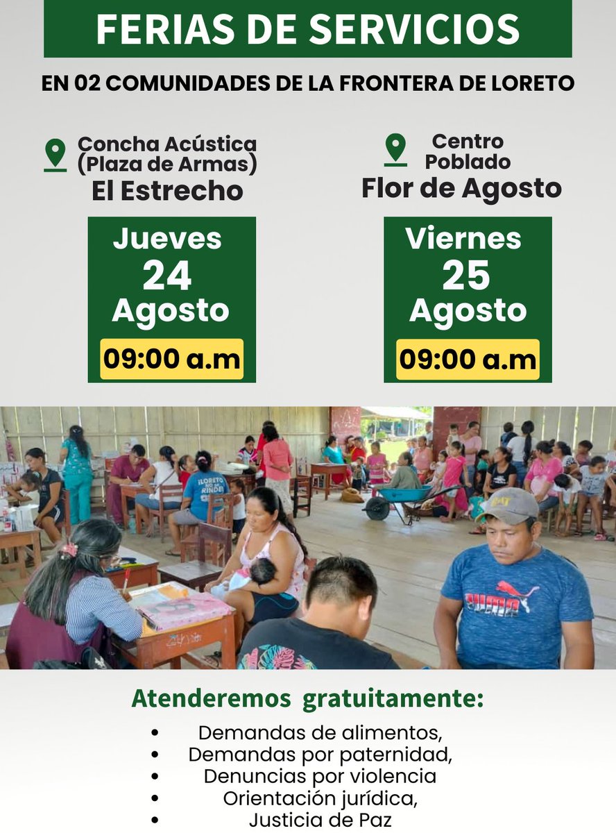 CSJLoreto's tweet photo. Este 24 y 25 de agosto, el Poder Judicial acercará sus servicios gratuitos a la comunidad del Putumayo, provincia que reporta, lamentablemente, los índices más desalentadores en cuanto a desarrollo y criminalidad en la región Loreto https://t.co/Pv4oNPBVEt