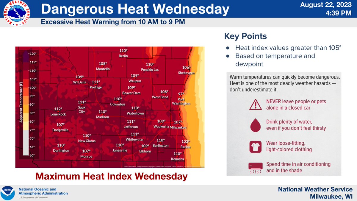 NWSMilwaukee's tweet photo. Dangerously hot and humid conditions are expected tomorrow, with many locations experiencing heat index values between 105 and 110 degrees.  An Excessive Heat Warning is in effect.  Take care of yourself, your neighbors, and your pets! https://t.co/LUDVnnlc6p