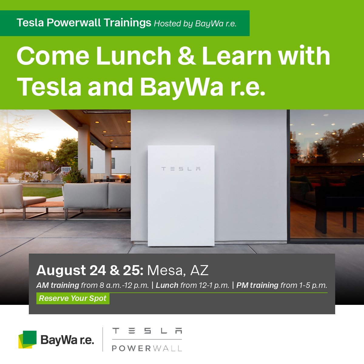 #SolarPros in AZ - Phase Two of the #TeslaPowerwall Lunch & Learn is coming your way! Learn from the best and hear from each other - all while eating a free, delicious meal! Ready to lunch and learn with Tesla? RSVP today: tesla.com/events/baywa-p…