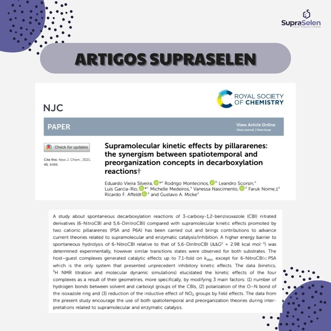 SupraSelen's tweet photo. Good evening!
This week's article, in partnership with UFSC's LACFI, will talk about the kinetic effects of pilararenes in decarboxylation reactions, involving the area of enzymatic and supramolecular catalysis.
Click on the link and come check it out!
https://t.co/4GjuqSlN76 https://t.co/YDzOkGQGbU