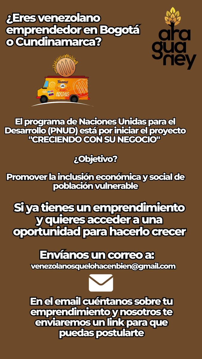 #22Ago #Diáspora #Colombia
<a href="/Ruta_Araguaney/">Ruta Araguaney</a>: "Si eres un #VenezolanoEnColombia y tienes un emprendimiento en #Bogotá o #Cundinamarca el PNUD tiene un programa de financiamiento para ti.

Te dejamos toda la información en esta imagen"