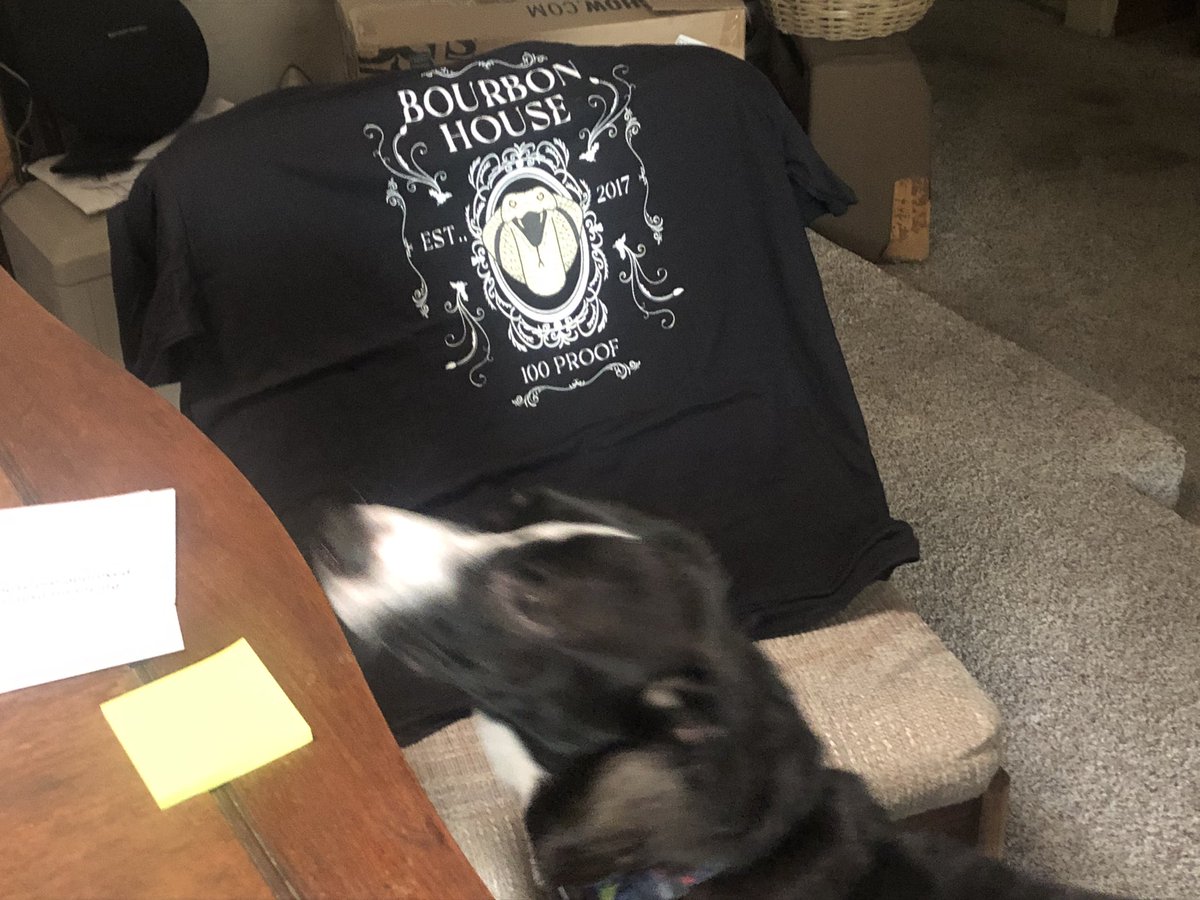 @BourbonHouse_ N my shirt arrived today. Just for being a Patreon follower. Picked at random. Go me. Jeff Bark had to check it out.