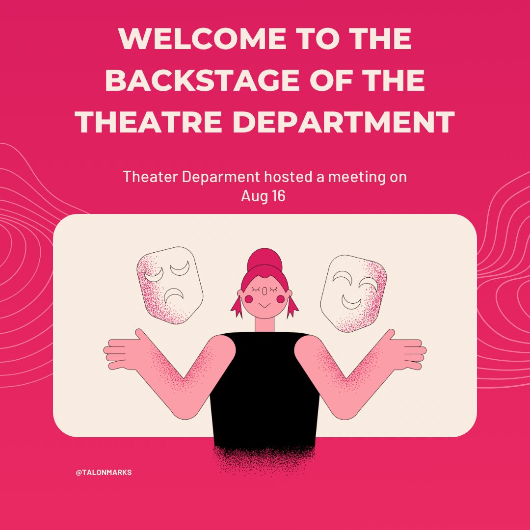 TalonMarks's tweet photo. The theater arts faculty and staff hosted a welcome meeting for those interested in becoming a part of a production team on August 16 

Students were welcomed to join the meeting to learn about the upcoming events hosted by the theater
Read more here: https://t.co/ps7X1SNIze https://t.co/6EHwFNqvMA