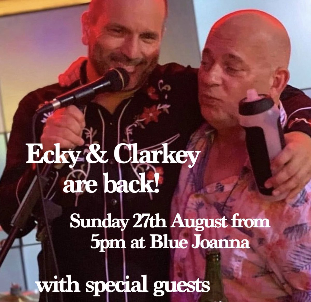 The Ecky & Clarkey show with Special guests. 🎶 Sunday 27th August from 5pm at your friendly neighbourhood Blue Joanna. Come & see if Clarkey can finally nail the intro to “Up the Junction” Gonna be a cracker! 🎶💃🏻