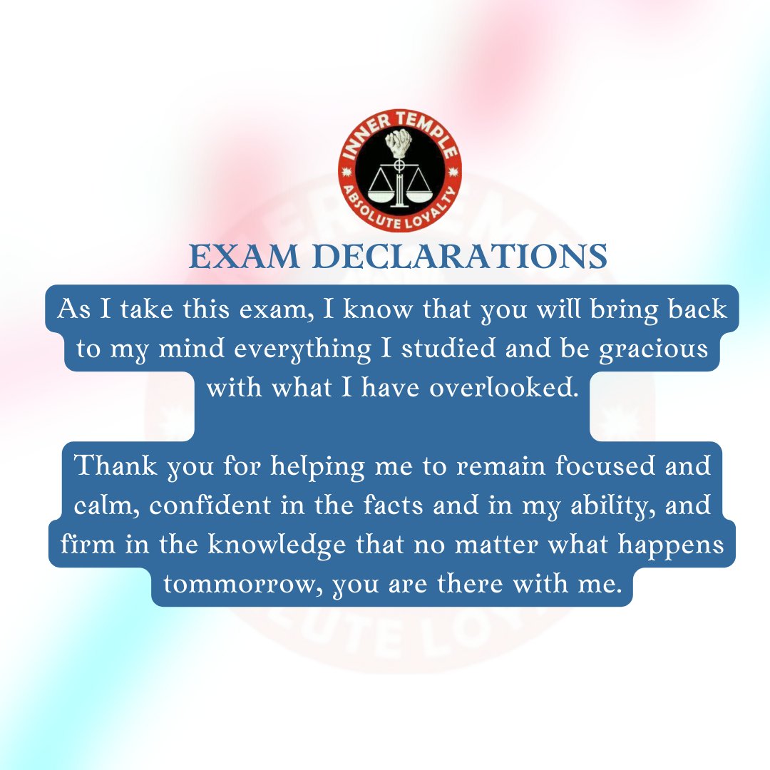 innertemple_oou's tweet photo. EXAMINATION DECLARATIONS!! 📚

DAY SEVEN! 
As I take this exam, I know that you will bring back to my mind everything I studied and be gracious with what I have overlooked. https://t.co/IQzi9unBb5