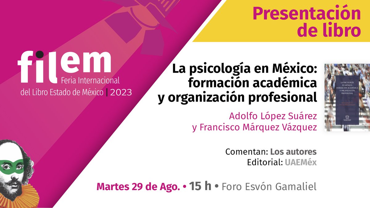 Editor_UAEMex's tweet photo. Presentación del libro “La psicología en México: formación académica y organización profesional” en la @Filem_Mx
📆 Martes 29 de agosto
⏰ 15:00 h
📍Foro: Esvón Gamaliel
#SomosUAEMéx #LetrasEnRed #ConectaFilem
@SDC_UAEMex @UAEM_MX https://t.co/c4Ad85o3FB