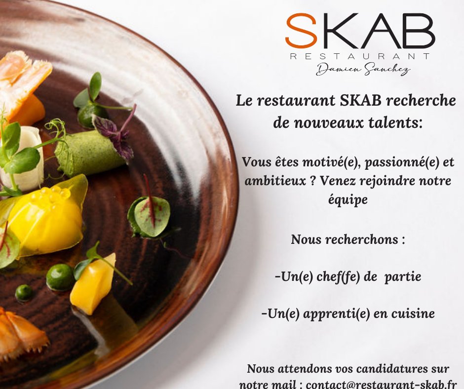 Restaurant_SKAB's tweet photo. Restaurant SKAB recrute 😉📢

Plusieurs postes sont à pourvoir dans notre restaurant ! N'hésitez pas à candidater sur notre mail : contact@restaurant-skab.fr 😊

Merci pour vos partages. 🙏

#RestaurantSKAB   #Nîmes   #gard    #DamienSanchez  #michelinstar  #gastronomie https://t.co/EitP9Bnl2s