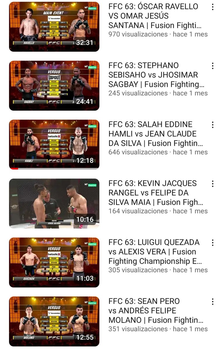 No se si lo habréis visto (yo acabo de verlo) pero en el canal de YouTube de 'Movistar Deportes Perú' subieron hace un mes todas las peleas del FFC63 de Madrid.