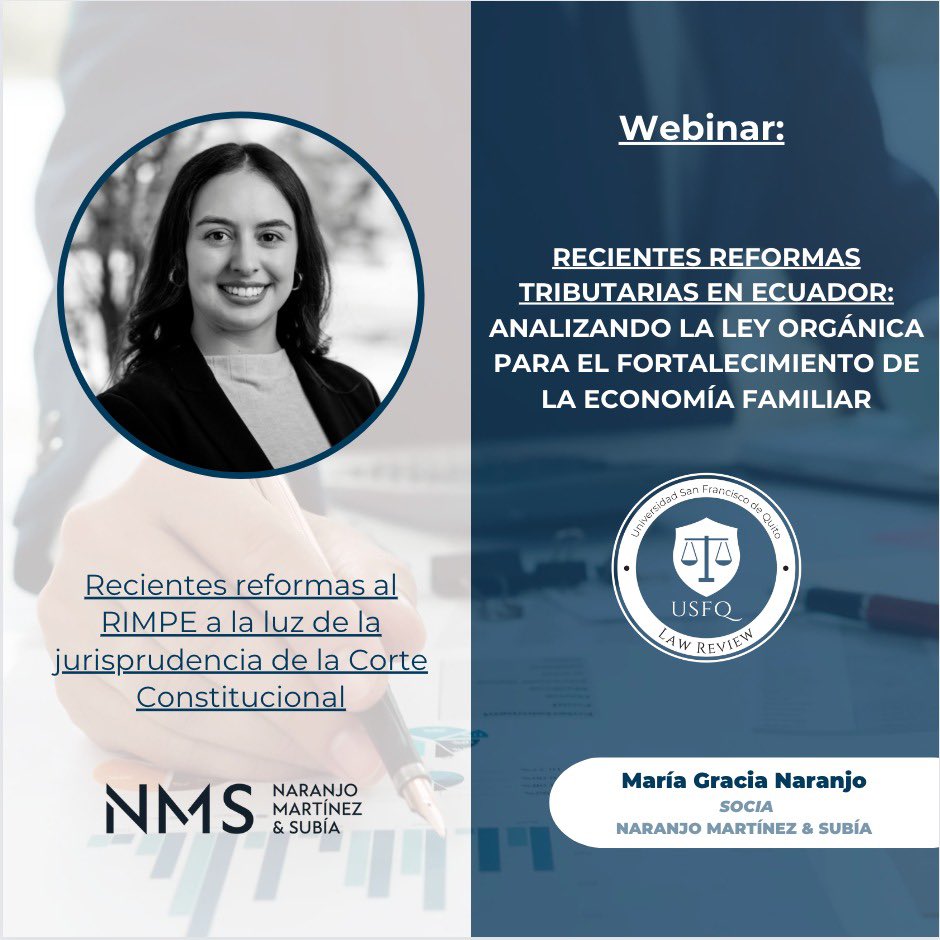 ¡Tenemos el agrado de invitarlos a nuestro próximo webinar!

🗓 23 de agosto, 18h00

Vía Zoom (inscríbete en instagram).

Contaremos con la participación de:

María Gracia Naranjo (Naranjo, Martinez &amp; Subia) 

Carlos Coronel Endara (Lexvalor Abogados)
