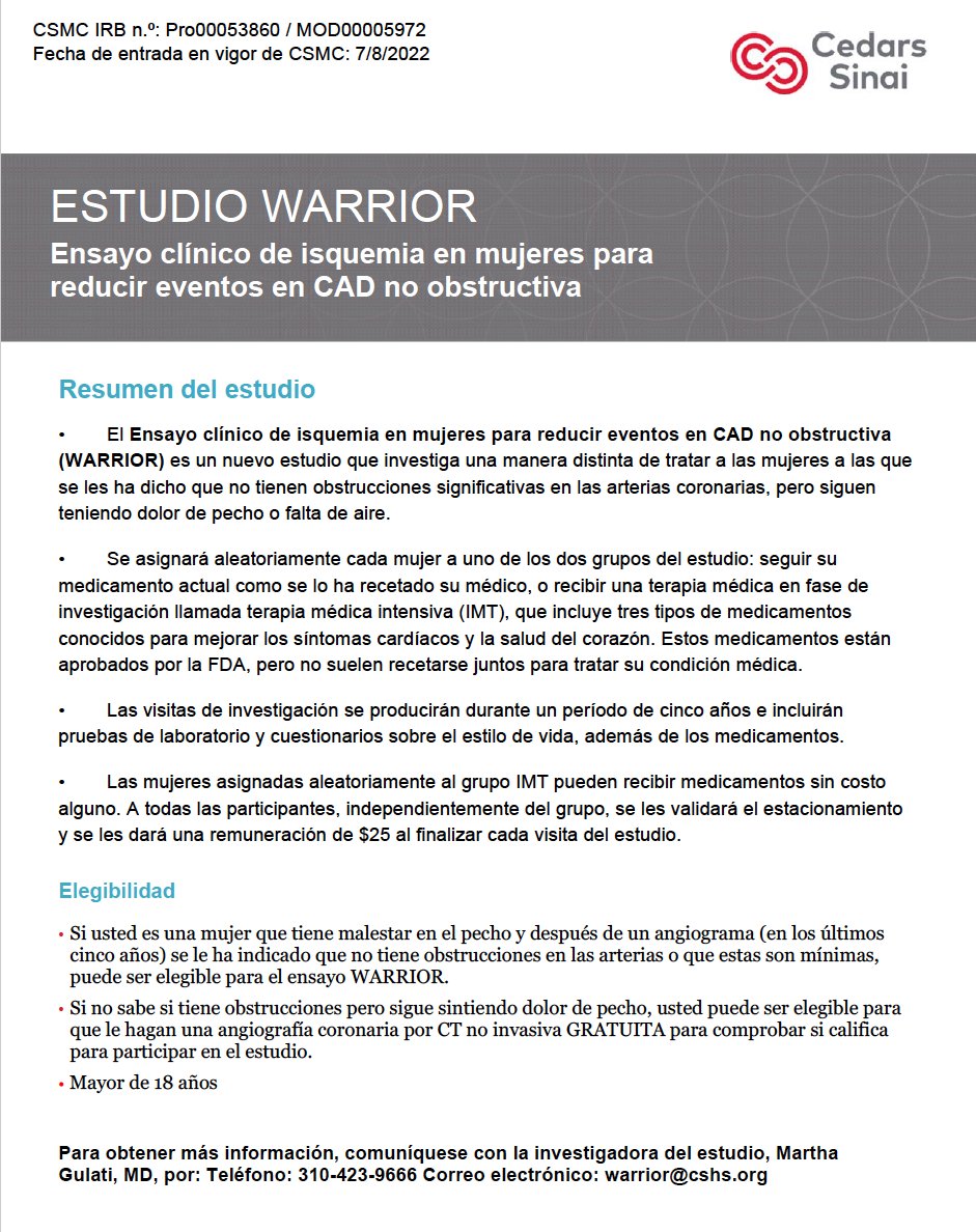 ¡El estudio #WARRIOR ESTÁ RECLUTANDO #MUJERES!
♥️con enfermedad coronaria no obstructiva
♥️dolor de pecho persistente o falta de aire
✅llame al 310-423-9666 o 📩⤵️
Estamos reclutando pacientes solamente en EE.UU. La evaluación virtual es posible
¡Envi̒enos sus pacientes! #INOCA