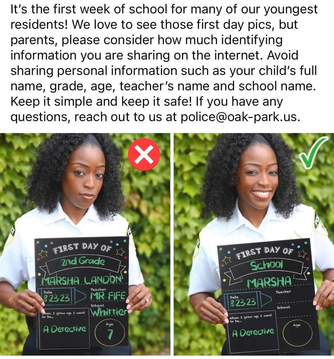 Tag us to your first day of school pictures, but please use Officer Love’s tips. See all you Lincoln Lions tomorrow morning! 
#UpAtLincoln
@D97Immersion <a href="/OakPark97/">Oak Park District 97</a>