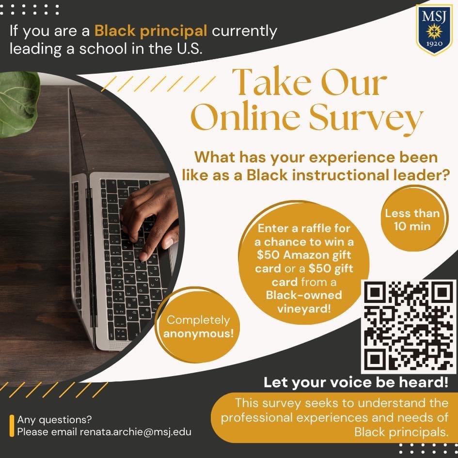 To complete her research, <a href="/RALiteracy/">Renata Archie, Ed.D.</a> needs Black principals to complete a 10-minute survey. In return for participation, you can enter a drawing to win a $50 Amazon gift card or a $50 gift card from a Black-owned vineyard. Please share!
 
Survey Link: surveymonkey.com/r/blackprincip…