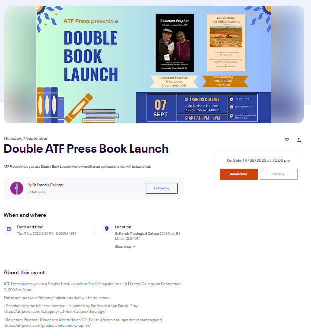ATFpressAU's tweet photo. Invite to books being launched in Brisbane on 7 September 2023 https://t.co/abdeeSpGjO