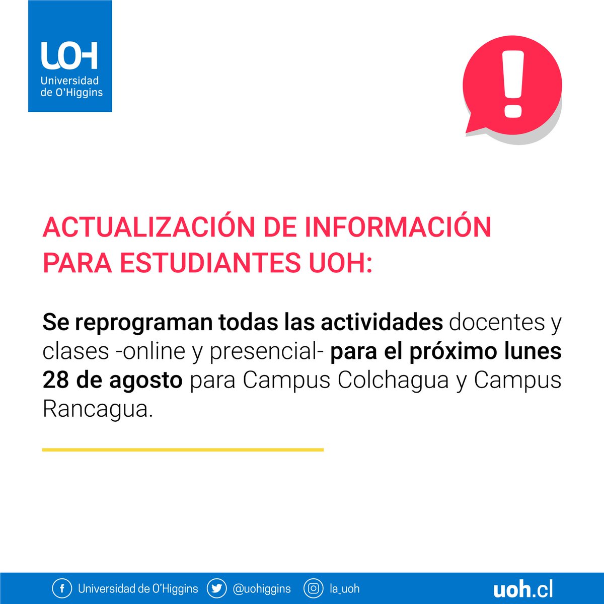 🚨ℹ️ Atención! Debido a la grave situación meteorológica, hemos decidido reprogramar todas las actividades docentes para el lunes 28 de agosto.