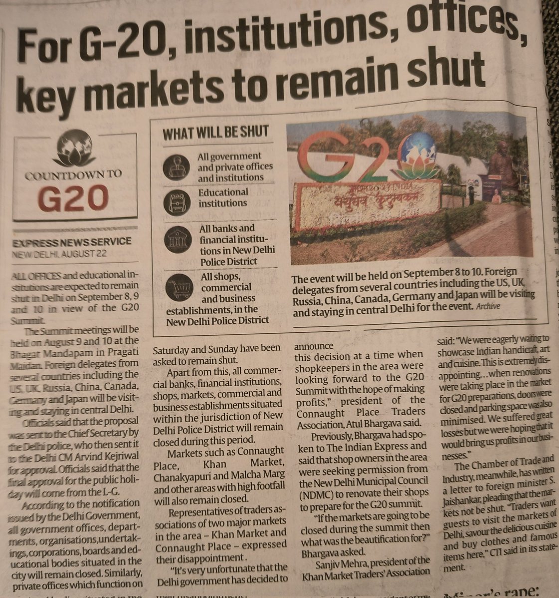 pbhushan1's tweet photo. Wow! Delhi to be virtually shut down for 3 days for G-20! Imagine the loss of livelihood&amp;unimaginable harassment to common people.This totally out of control VIP culture has become a menace for the people.
Other countries also host such meetings.The City is not shut down.Shameful https://t.co/eMtx0WKO4X