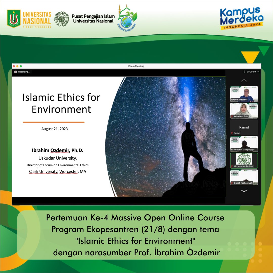 ppi_unas's tweet photo. Pertemuan Ke-4 MOOC Ekopesantren pada Senin, 21 Agustus 2023 dengan tema “Etika Islam untuk Lingkungan” dengan narasumber Prof. İbrahim Özdemir, Uskudar University, Istanbul, Turki. https://t.co/4WwW6Y4jPS