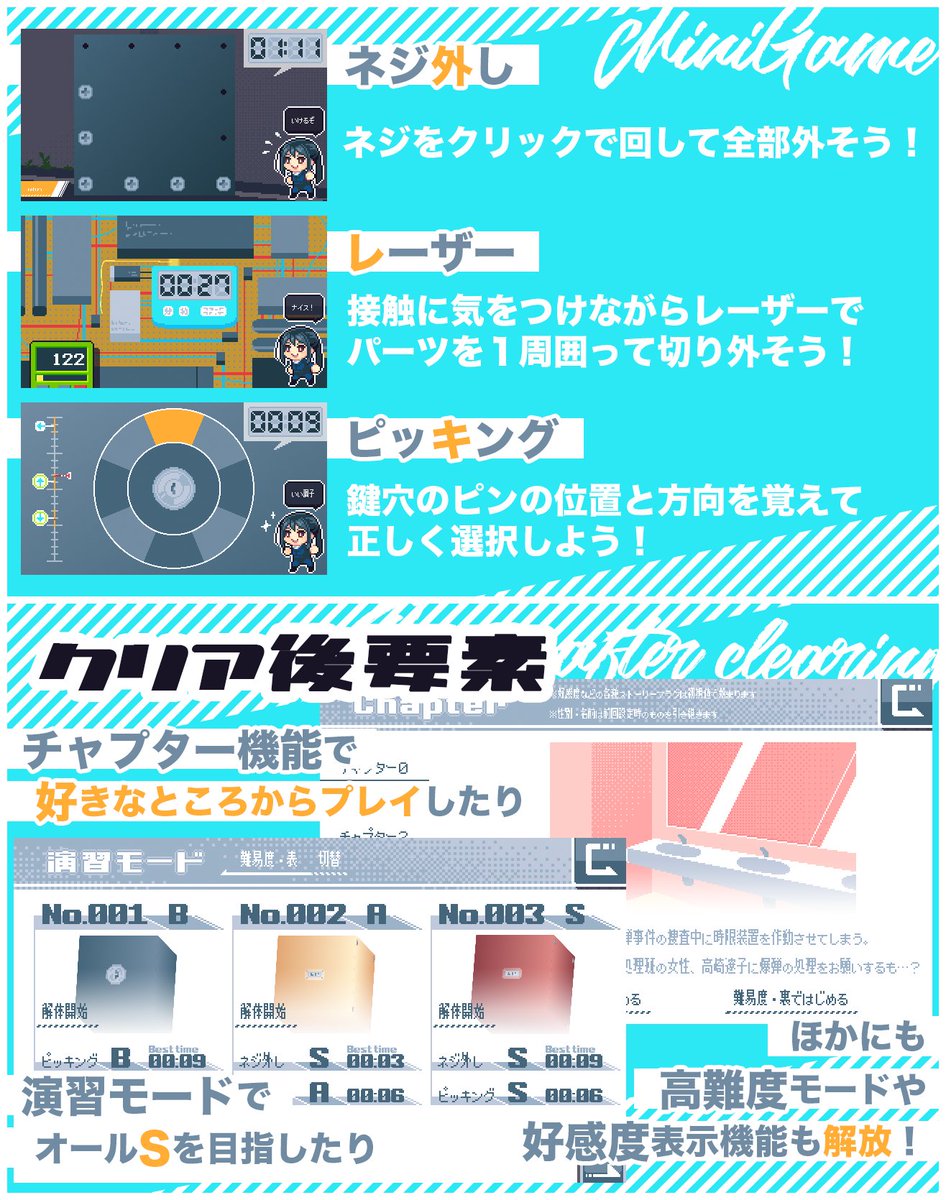 yo7yo7yo7k's tweet image. 🎉新作ドット絵フリーゲーム【焦がれる腹を満たす熱】ノベコレさんにて公開！🎉

真面目すぎて不器用な年上女性に応援されたり褒められたりしながら爆弾を解体するゲームです💣
・ノベルゲーム+3種のミニゲーム（スキップ可）
・一周プレイ約1時間

よろしくお願いします🙏

novelgame.jp/games/show/8537