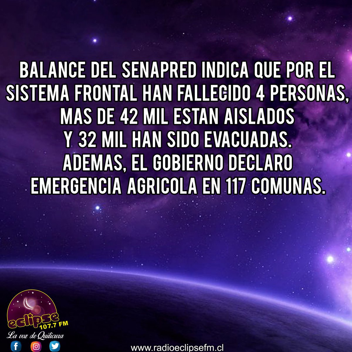 radio__eclipse's tweet photo. Actualidad ❌ @RadioEclipse_FM
🔷️ SENAPRED (Servicio Nacional De Prevencion y Respuesta Ante Desastres ) Durante La Mañana Del Miercoles 23 de Agosto Actualizara Datos y Cifras Sobre El Evento Meteorologico
#RadioEclipse #Quilicura #Chile #Temporal #SistemaFrontal #Lluvias https://t.co/n2AAOsVZ7t