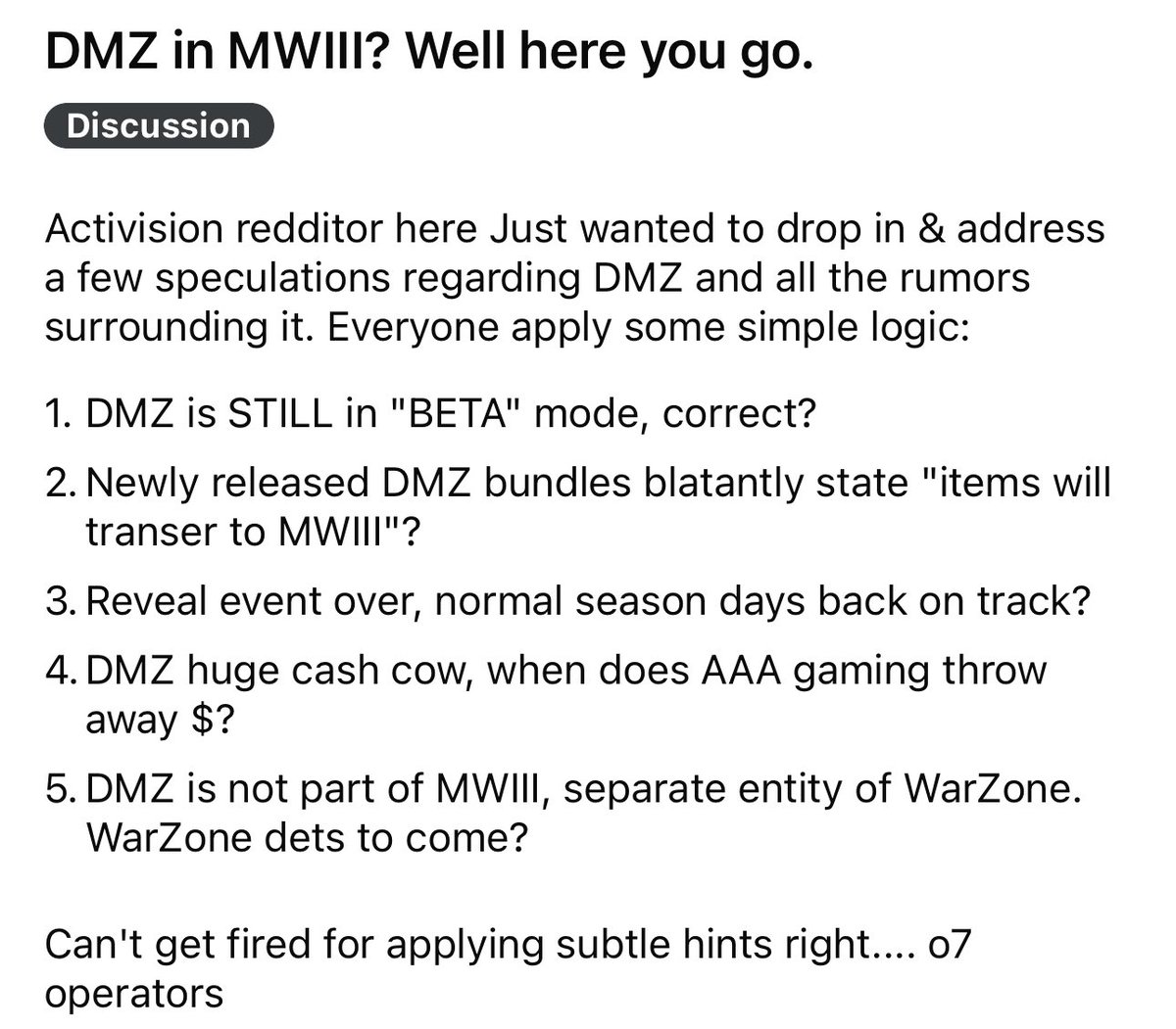 ElClaptain's tweet image. Someone claiming to work at Activision on a throwaway Reddit account claims DMZ is here to stay. #MW3