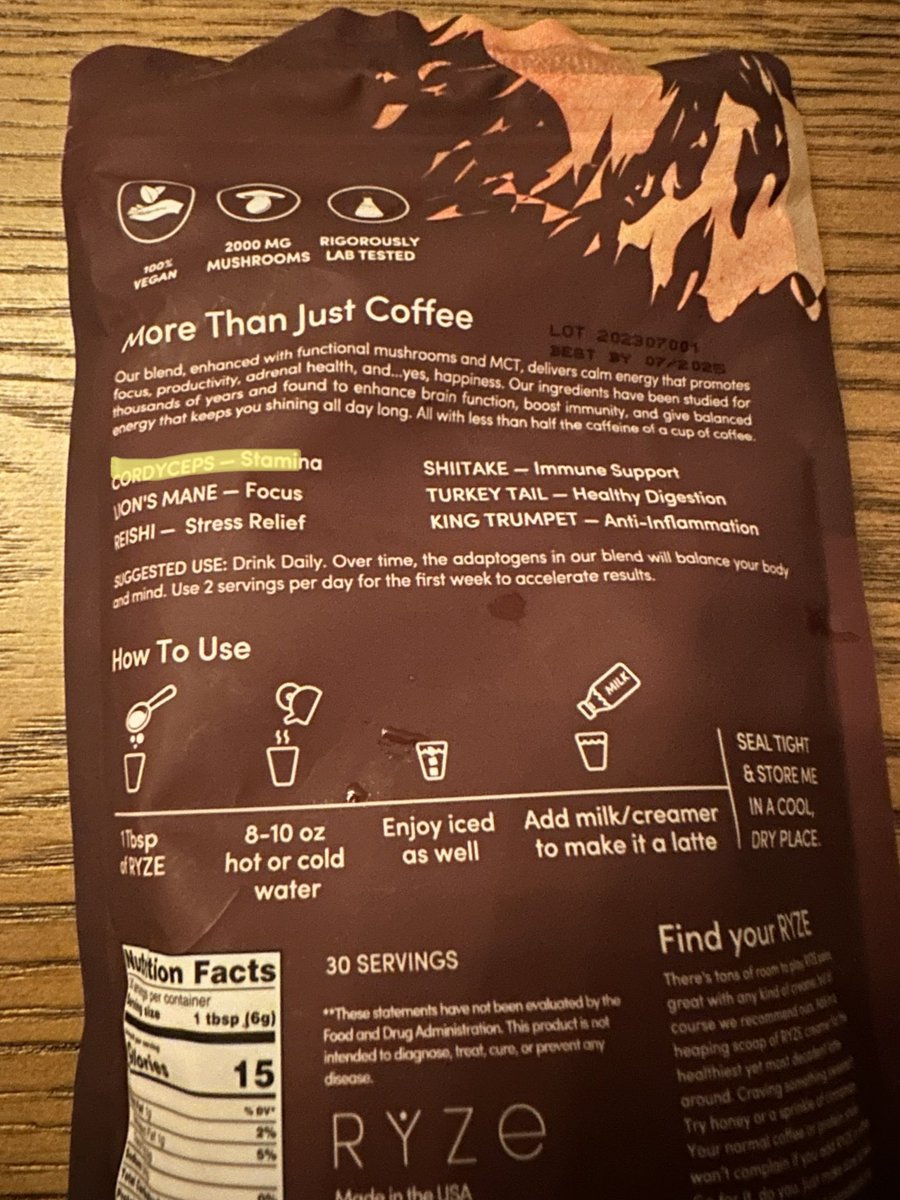 Crussian17's tweet photo. Wifey tells me she’s drinking mushroom coffee so naturally I make the joke of does it have cordyceps in it and she goes yes and shows me. Of course it gives you stamina… cuz you turn into a feral zombie…We’re doomed https://t.co/EEyTX78H75