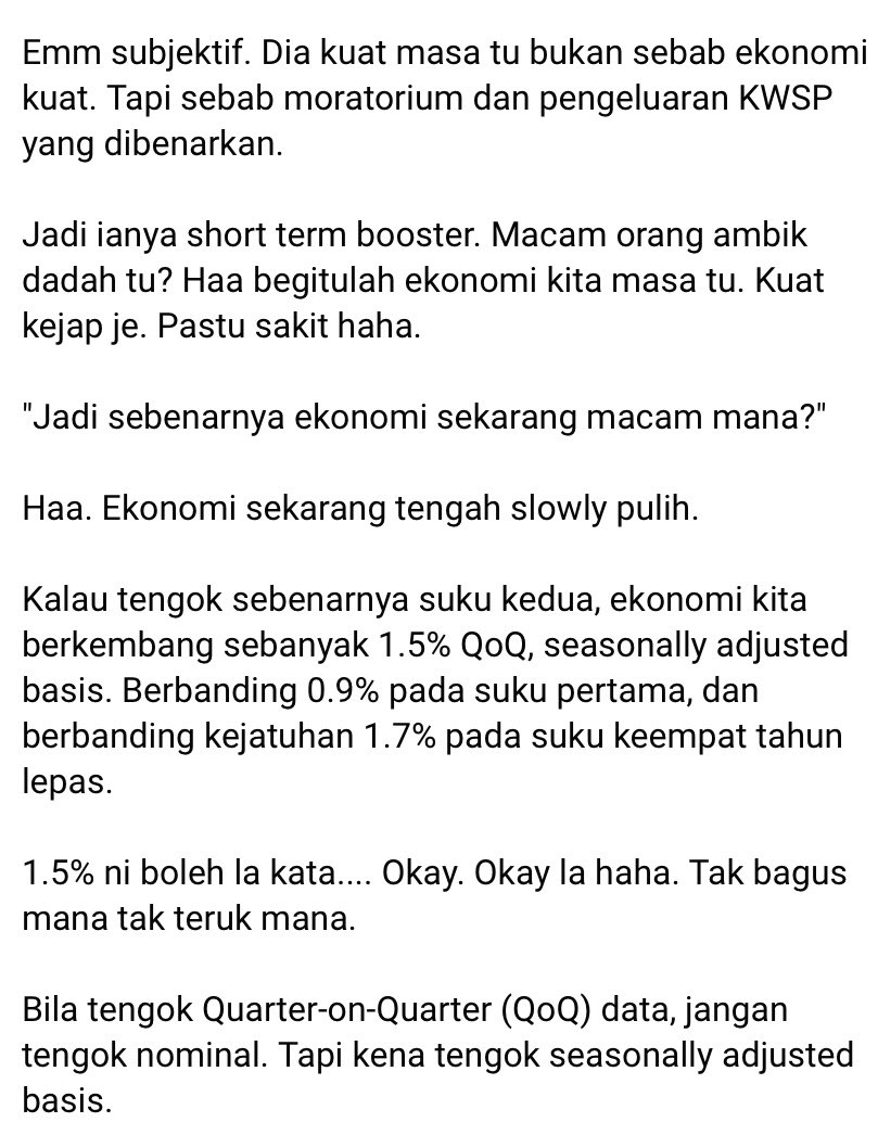StratCommX's tweet photo. (1/2) Elok juga di ulang tayang jawapan @rafiziramli di Parlimen Februari lepas

1/ Die highlight kesilapan MP Larut dalam membuat perbandingan kadar pertumbuhan ekonomi (lebih kurang je dgn apa yg walaun dok spin skrg psl Q2 2023 🤭)

2/ Dia terangkan kenapa Q2 2022 nampak mantop sedangkan realitinya ia menggunakan dana sektor awam dan kerajaan secara besar-besaran (rujuk gambar)

3/ Yg part last tu, die sendiri dh beri peringatan akan keperluan utk Malaysia buat persediaan dalam menghadapi pertumbuhan ekonomi yang lebih perlahan

Part no 3 tu, jaranglah ada pak menteri nk mengaku dari awal. 

Rafizi dh rancang nk hadapi, walaun je lalai 😁

Bleh baca coretan saudara Izzuddin Yussof (FB) berkenaan GDP growth YoY vs QoQ seasonally adjusted annual rate utk tambah ilmu