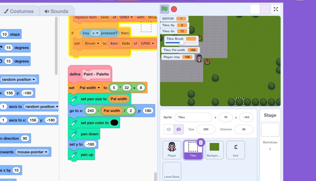robbielackritz's tweet photo. @griffpatch my 7 year old is doing your scratch rpg maker (it is amazing btw). He is on tutorial 4 and his paint-palette code is exactly what you have. The black rectangle on the right appears when the code is not running, but when it runs it disappears. Any suggestions? https://t.co/Kpkm9o1lMF