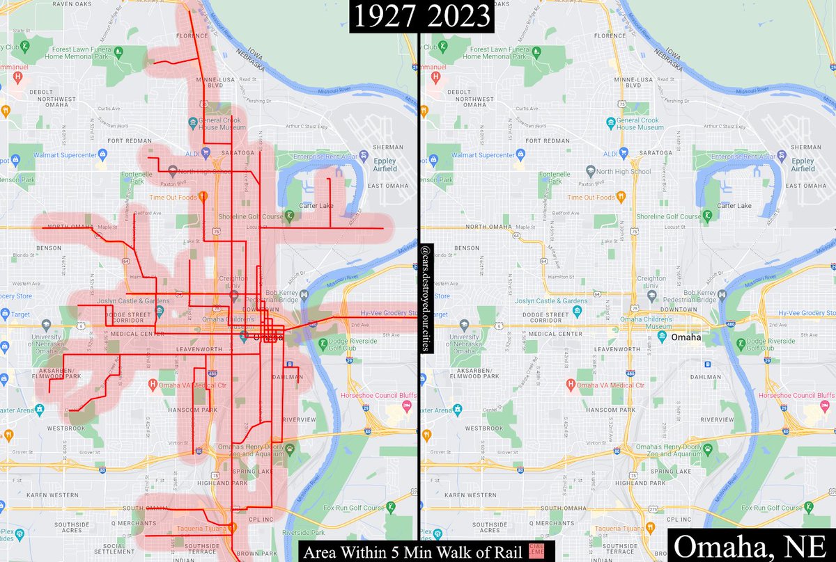 CarsRuinedCity's tweet photo. Maps of Omaha’s public rail networks. 1927 vs 2023 https://t.co/XVGSGuLfgO