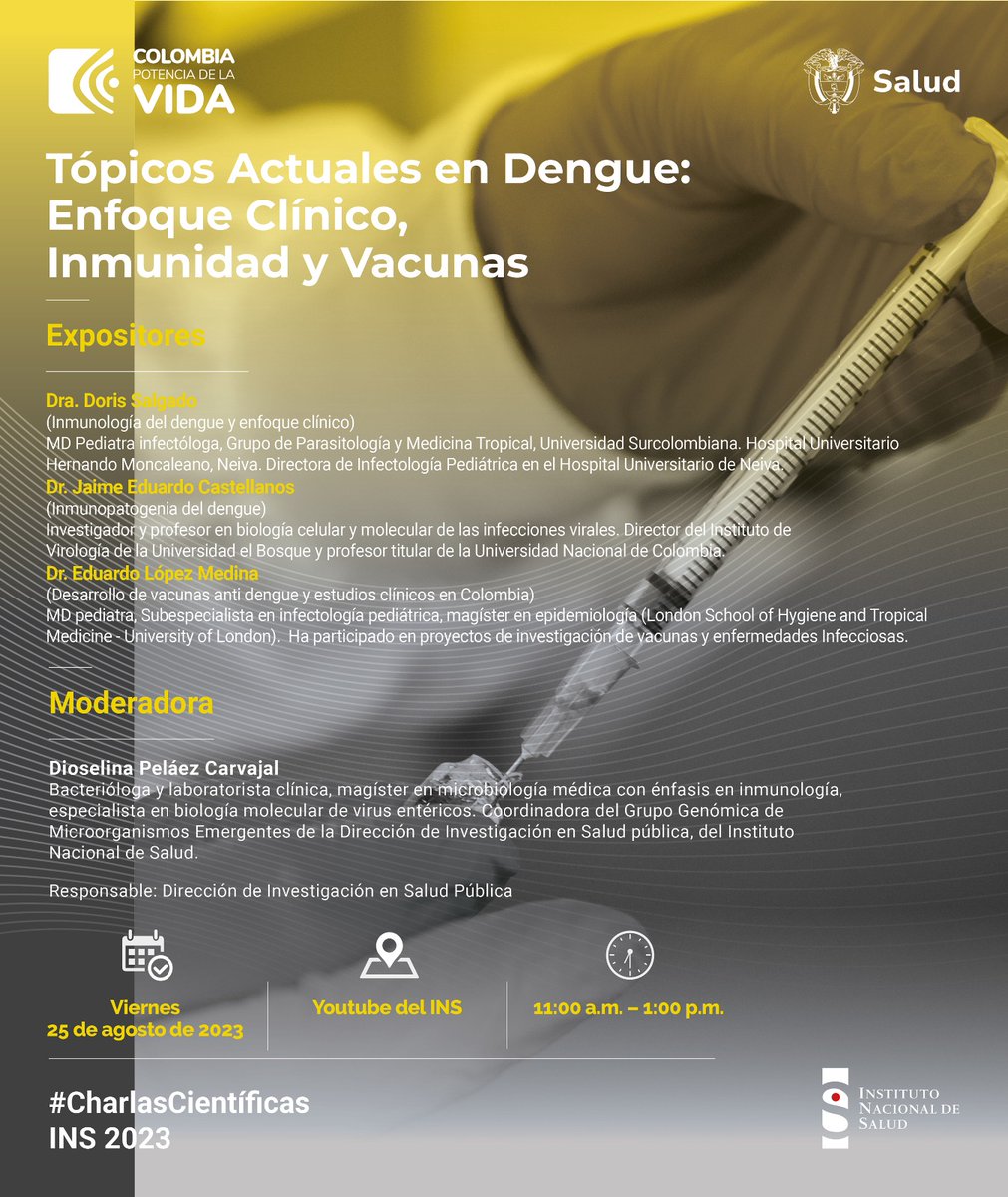 INSColombia's tweet photo. Este viernes en nuestra #CharlaCientíficaINS hablaremos sobre #Dengue. Conéctate a este #INSEnVivo vía canal @YouTube de  @INSColombia https://t.co/iyG8IwHMYk