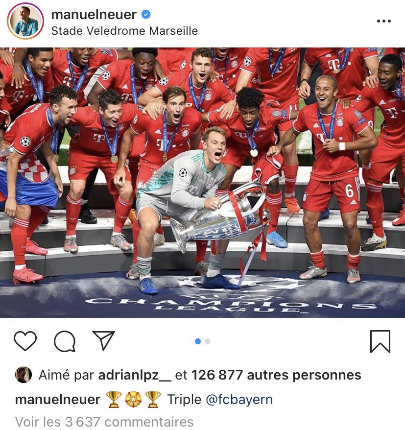 Quand Manuel Neuer décidait de mettre « Stade Vélodrome Marseille » en localisation sur son post Instagram après avoir remporté la Ligue des Champions face au PSG. 😭