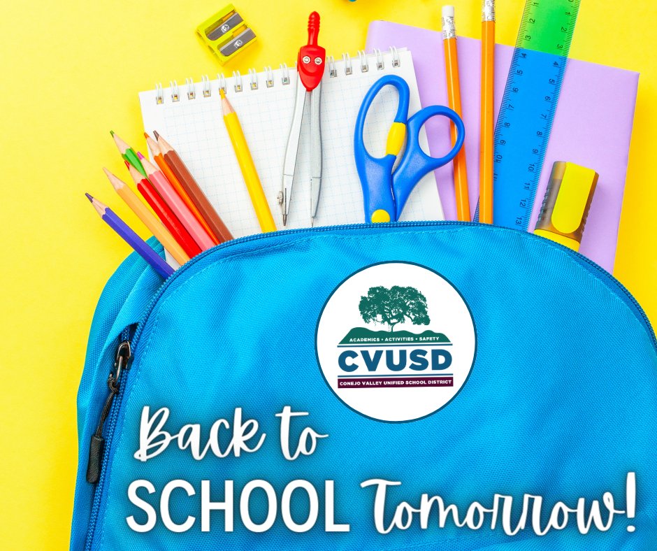 Tomorrow, Wednesday August 23rd is the first day of classes for the 2023-2024 school year! We cannot wait to welcome our scholars to another exceptional year of learning in the Conejo. #CVUSDForward View the complete 23-24 school year calendar, here: docs.google.com/viewerng/viewe…