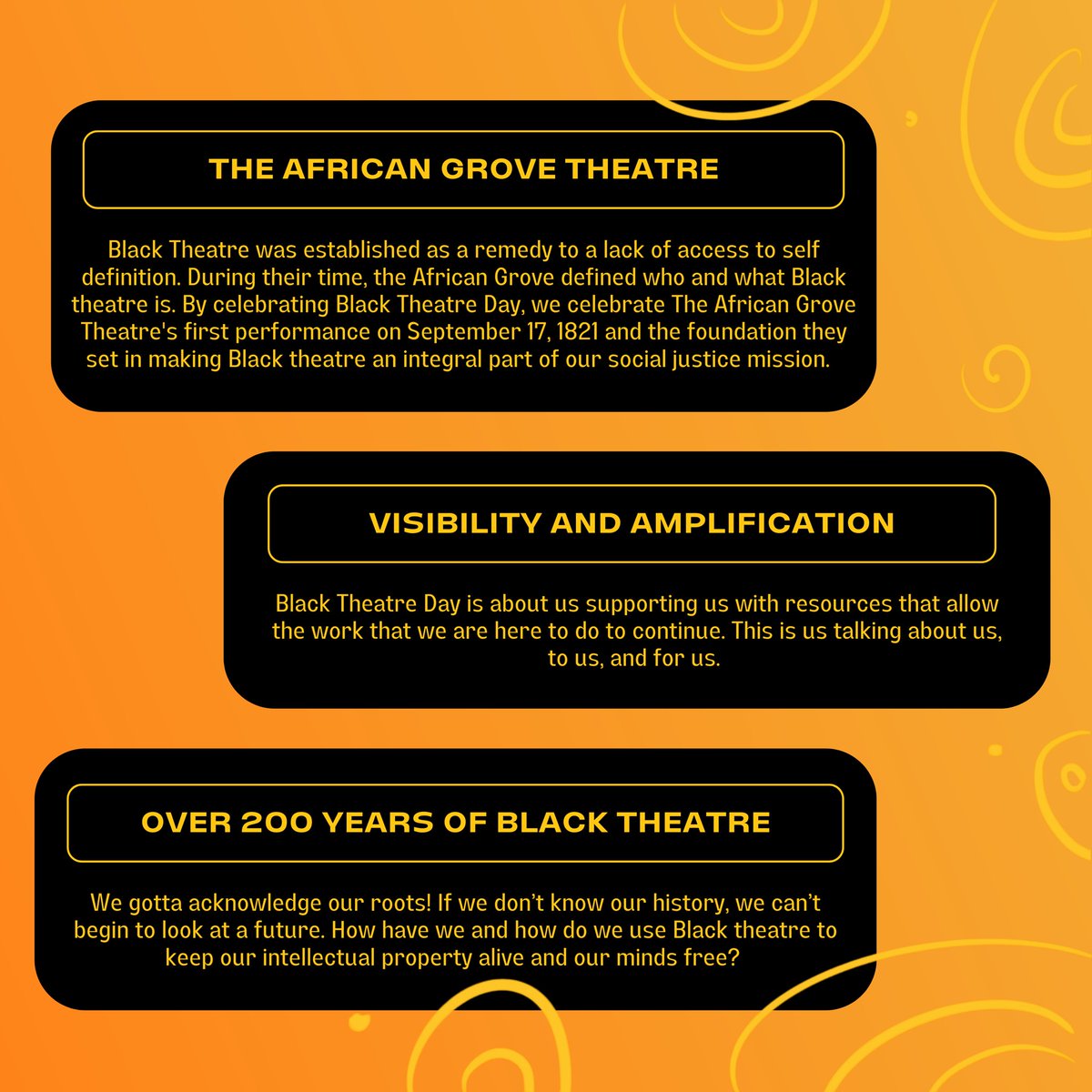 CALLING ALL BLACK THEATRES AND SUPPORTERS OF BLACK THEATRE!

YOU’RE INVITED TO CELEBRATE BLACK THEATRE DAY ON SEPTEMBER 17! 

If you are interested in participating, fill out the form in our bio or go directly to tinyurl.com/blacktheatreda…

#BTD2023 #BlackTheatreDay