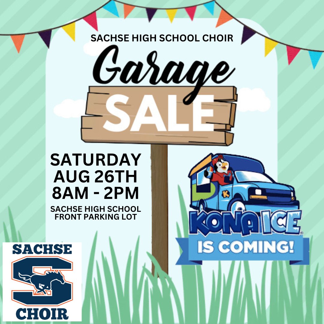 SachseChoir's tweet photo. Join us on Saturday in the Sachse High School front parking lot for two opportunities to support the Sachse Choir!
#singmustangssing #believeinyourmagic #runmustangsrun #themustangway #itsavibe https://t.co/9rL412qnDQ