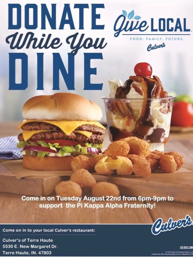 IndStateFSL (@indstatefsl) on Twitter photo You still have some time to finish out celebrating the first day of classes and head over to Culver's for the <a href="/ISUPIKE/">Indiana State Pikes</a> Dine and Donate event today. You still have some time to finish out celebrating the first day of classes and head over to Culver's for the <a href="/ISUPIKE/">Indiana State Pikes</a> Dine and Donate event today.