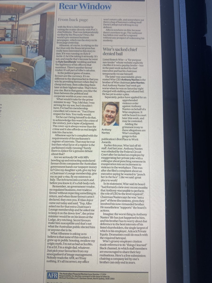 QuentinDempster's tweet photo. Joe Aston ⁦@FinancialReview⁩ farts loudly in the Qantas Chairman’s lounge. ⁦@AlboMP⁩’s son Nathan is a member. Our PM deflects propriety question. Most federal MPs are members. Invitation-only, it’s said to be in Qantas’ “commercial interests”. All above board eh? https://t.co/U4pMOBWwUa