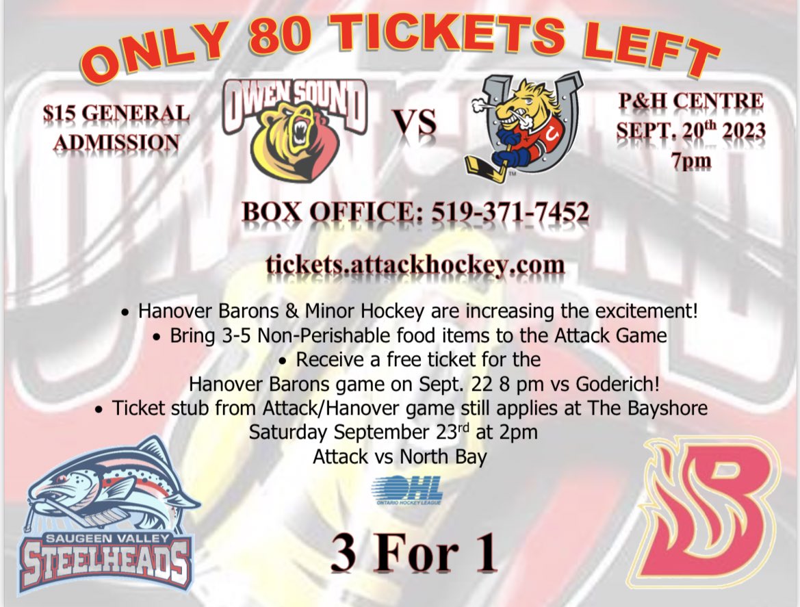 🚨 80 TICKETS LEFT 🚨
Bring 3-5 Non-Perishable food items to the Attack Game and receive a free ticket for our game Sept 22nd at 8PM vs. @goderich_flyers! #DontMissOut