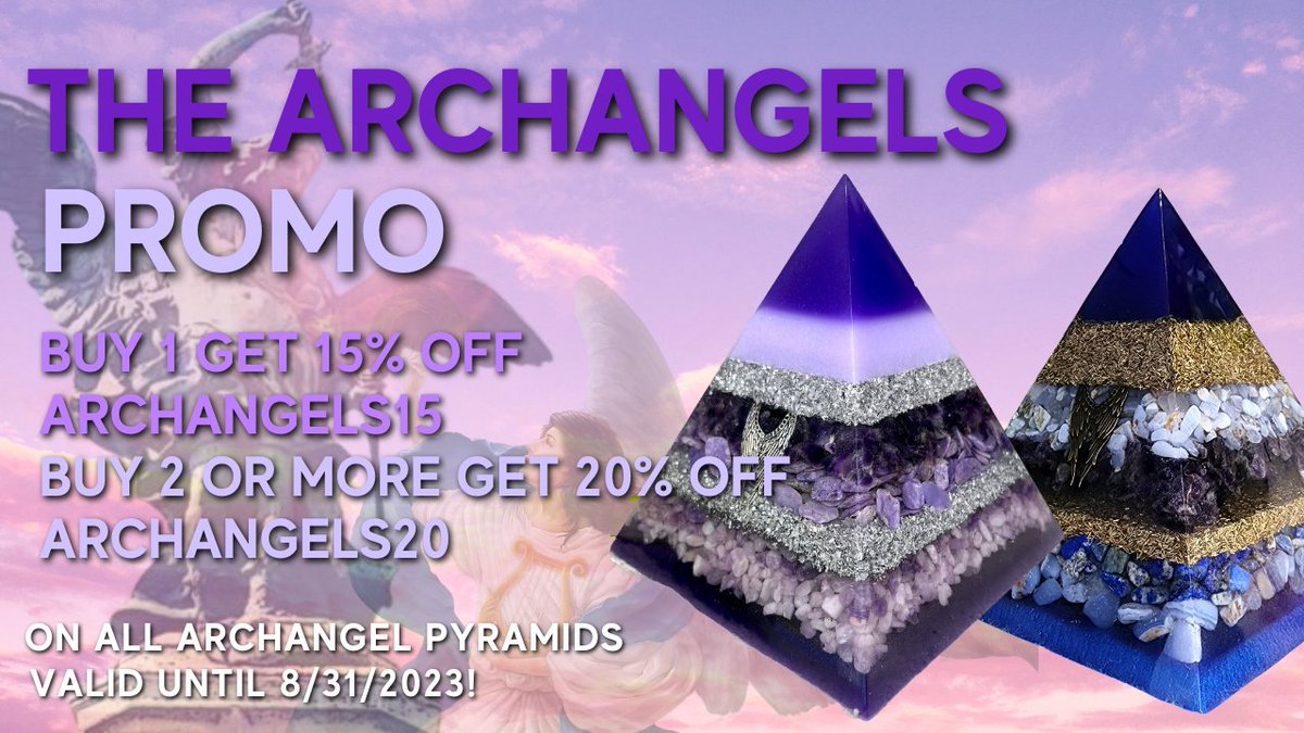 THE ARCHANGELS PYRAMIDS PROMO❗️
*VALID UNTIL 08/31

✅LINK TO PROMO: ascensionorgonites.com/en-ca/collecti…

🔥Use Coupon Code ARCHANGELS15 to receive 15% Off ONE Pyramid

OR

🔥Use Coupon Code ARCHANGELS20 to receive 20% Off when you purchase TWO or More!

🙏RE-TWEET!🙏
#ORGONITE