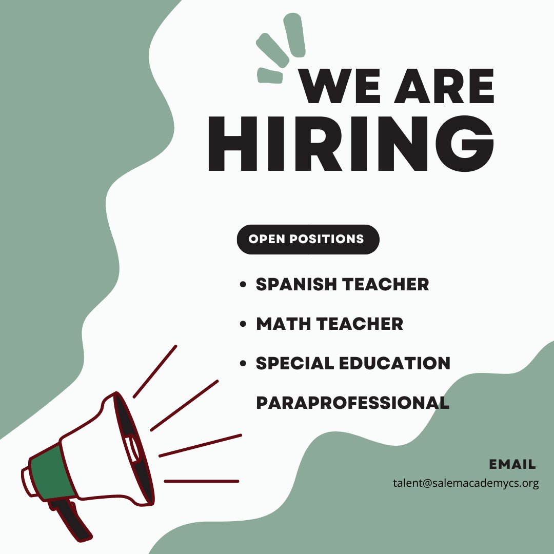 Salem Academy CS (@salemacademycs) on Twitter photo Join our #amazingteam - we're hiring! Please spread the word or reach out to talent@salemacademycs.org for more info. #SpanishTeachers #MathTeachers #EdThatAddsUp #MTRS Join our #amazingteam - we're hiring! Please spread the word or reach out to talent@salemacademycs.org for more info. #SpanishTeachers #MathTeachers #EdThatAddsUp #MTRS