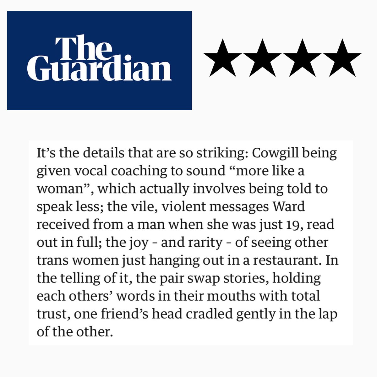 pisscarnation's tweet photo. UMMMMM 4 STARS FROM THE GUARDIAN 

feeling moved, elated, very grateful 🩷

if you haven’t seen us yet, literally what are you doing https://t.co/ir40BmDfjz