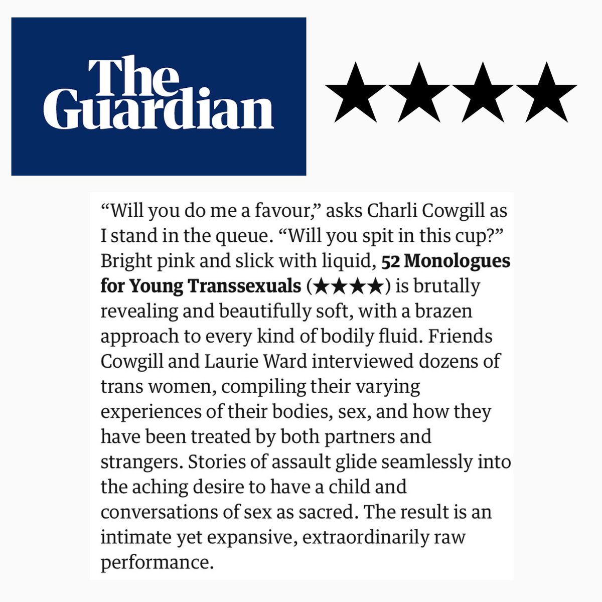 pisscarnation's tweet photo. UMMMMM 4 STARS FROM THE GUARDIAN 

feeling moved, elated, very grateful 🩷

if you haven’t seen us yet, literally what are you doing https://t.co/ir40BmDfjz