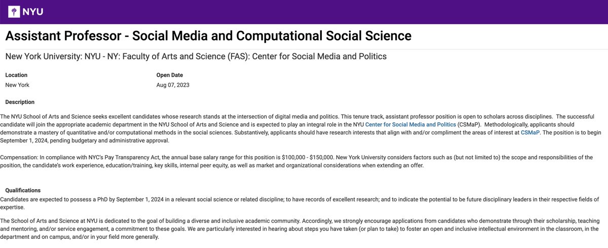 Center for Social Media & Politics at NYU invites applications for a tenure-track position in Social Media & Computational Social Science. Interdisciplinary search. Application review beings Sept 15: apply.interfolio.com/129573