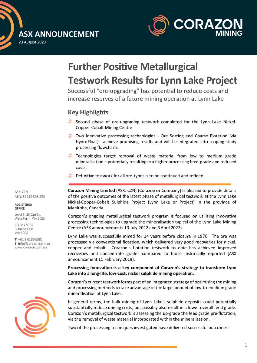 🔊Further Positive Metallurgical Testwork Results for Lynn Lake Project
⚒️Successful “ore-upgrading” has potential to reduce costs and increase reserves of a future mining operation at #LynnLake

#nickel #copper #cobalt #batteryminerals $CZN

More: bit.ly/3YP73P1