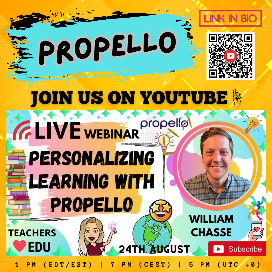🚀Join us for this LIVE #PD on Thursday, Aug 24 to learn all about 'Personalizing Learning with @PropelloLearn' from inspiring William Chasse 📍WHEN: 24 Aug at 1 pm EDT 🔴LIVE: youtube.com/live/1cmZaMbW9… 🔔Hit the Notify me👆 #teachersloveedu #edtech #immersivereader #LMS #propello