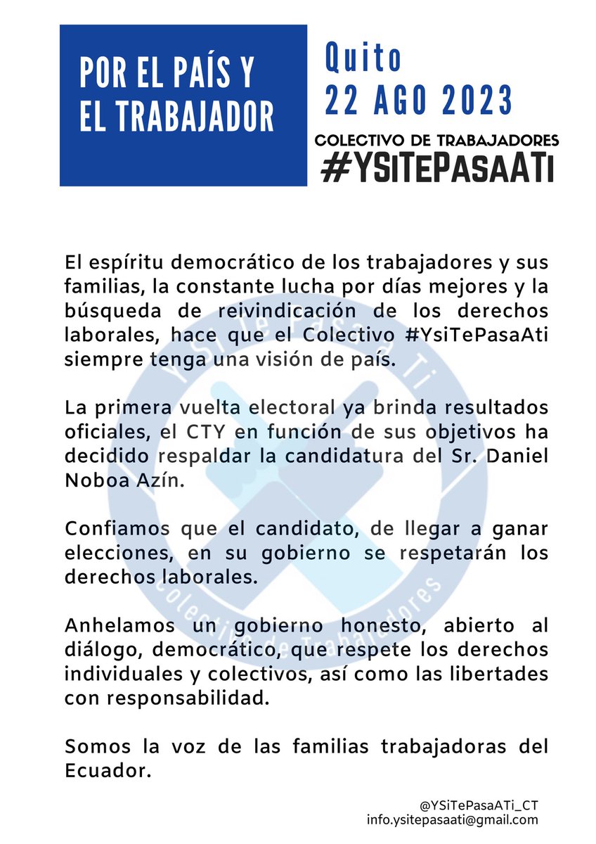 YSiTePasaATi_CT's tweet photo. Por el  🇪🇨 y los Trabajadores.

@DanielNoboaOk @veroniabad
Somos #YsiTePasaATi https://t.co/uJWYWOnaQZ
