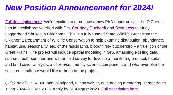 Seiurus's tweet photo. One week left to apply to be our #PhD student here
@okstate to study #SHRIKES! Collaborative project with @CDuchardt and @LossLabOSU, funded by
@OKWildlifeDept (thanks!).  Link for deets: https://t.co/WY4RlJG2lV… 

#butcherbird #metalAF Please reTWEET! https://t.co/CafKRKuZSR