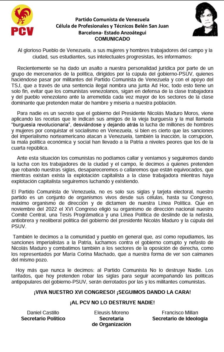 #22Agos [COMUNICADO] los militantes y afiliados de la célula de Profesionales y Técnicos Belén San Juan de Barcelona solo reconocemos a los organismos de dirección electos en nuestro 16° Congreso realizado en noviembre del 2022
#YoDefiendoAlPCV #SeguimosDandoLaCara