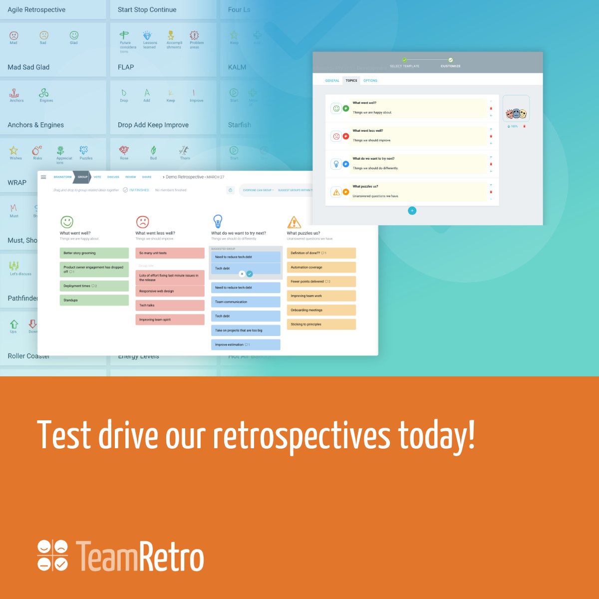 Take our #retros for a test drive and set you team on the path of #ContinuousImprovement! Try it free now. No sign-ups needed.
#Agile #Retrospective #Scrum #ScrumMaster