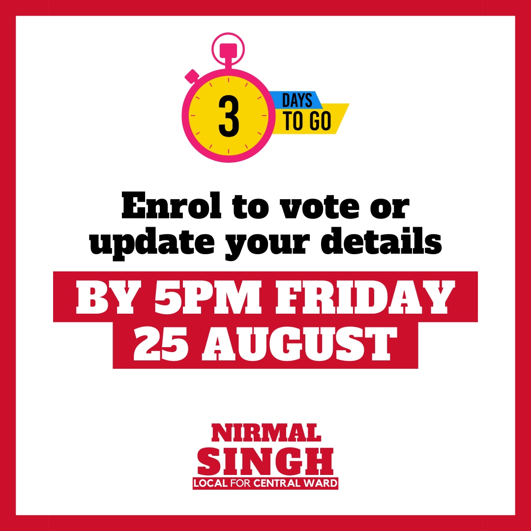 ⏰ Only 3 days remaining to enrol to vote. #EnrolToday 🗳️

The electoral roll closes at 5PM on 25 August for those who need to enrol or update their address.

nirmalsingh.au